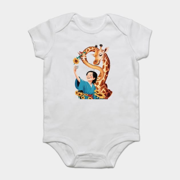 Giraffe with a Sunflower in its Mouth Taking a Selfie with a Person Whose Face is Obscured Baby Bodysuit by animegirlnft